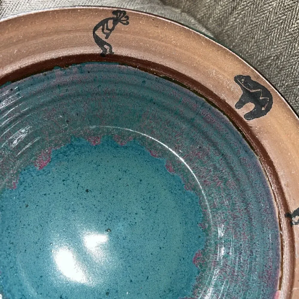 Vintage A&A Art Pottery Centerpiece Bowl Teal Blue Aztec Design Bear RARE